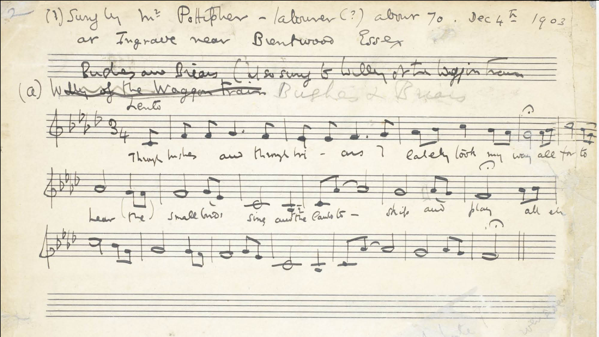 Manuscript showing music and words of Bushes and Briars, courtesy of Vaughan Williams Charitable Trust